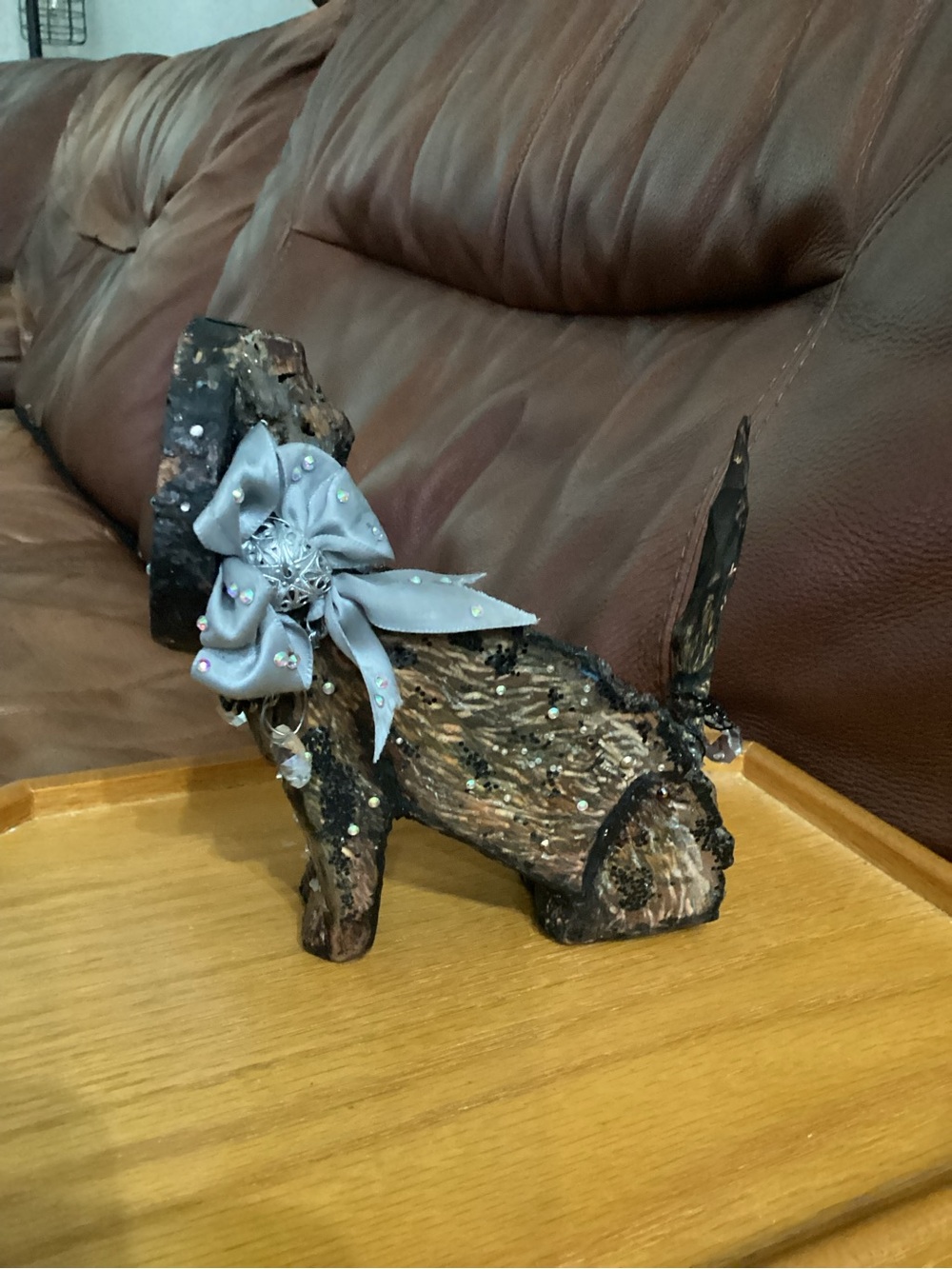 Handcrafted From Tree Bark Decorative Brown Dog Figurine with Crystal Accents - Picture 2 of 8